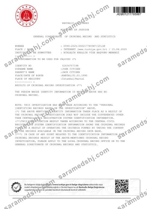 Turkey Ministry of Justice Criminal Record Certificate